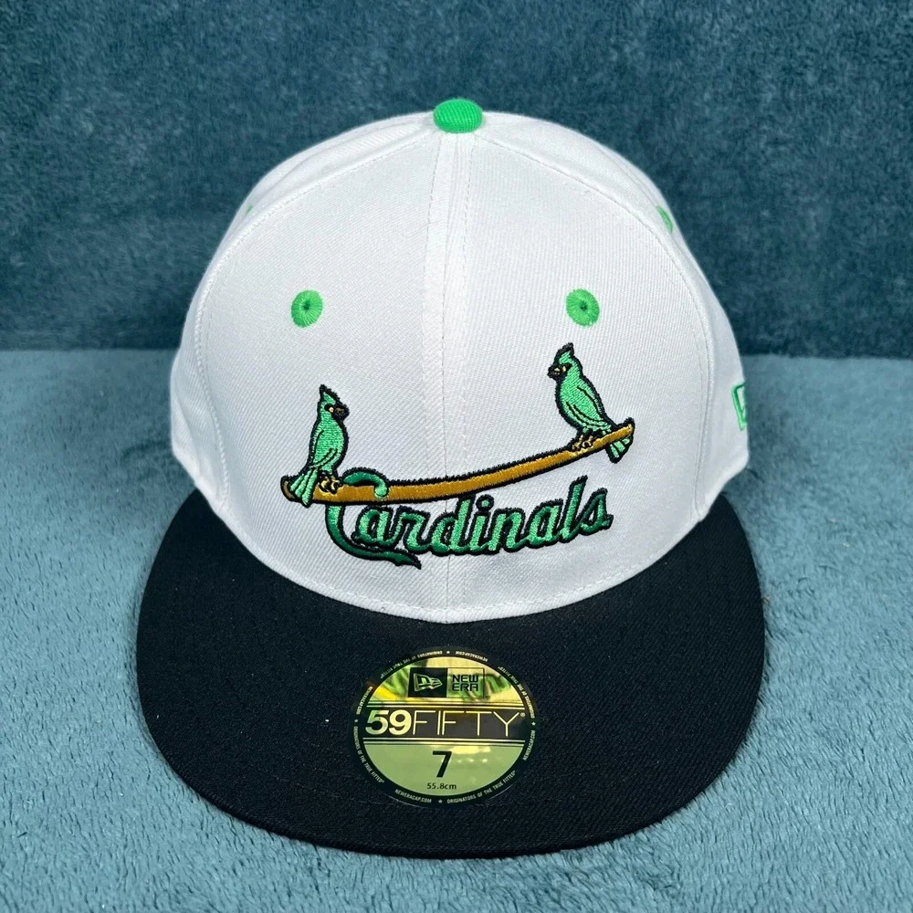 New Era 59Fifty St. Louis Cardinals White/Green Bird‎ Bat Hat Size 7